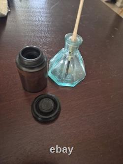 Civil War Era Gutta Percha Traveling Ink Well/ Quill Pen And Glass Desk Ink Well