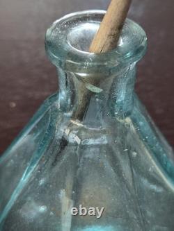 Civil War Era Gutta Percha Traveling Ink Well/ Quill Pen And Glass Desk Ink Well