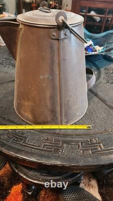 Civil War Era Soldier's Camp Tin Coffee Pot Flat Bottom with Lid Antique Rare