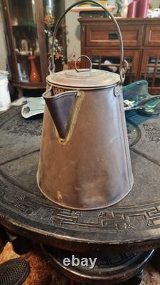 Civil War Era Soldier's Camp Tin Coffee Pot Flat Bottom with Lid Antique Rare
