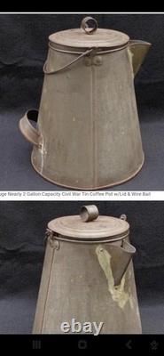 Civil War Era Soldier's Camp Tin Coffee Pot Flat Bottom with Lid Antique Rare