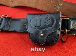 Civil War Indian Wars Leather Belt With Union Buckle, Hangers, Ammo Pouch, A+