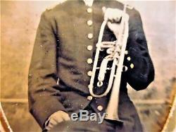 Civil War Musician Tintype. John T. Page 67th OVI. With Horn. 6th Plate Seated