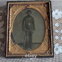 Civil War Soldier Tintype Photo Armed 1/4 Quarter Plate Partial Frame / Read