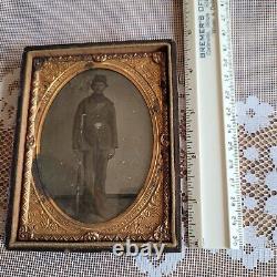 Civil War Soldier Tintype Photo Armed 1/4 Quarter Plate Partial Frame / Read