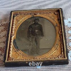 Civil War Soldier Tintype Photo Armed 1/4 Quarter Plate Partial Frame / Read