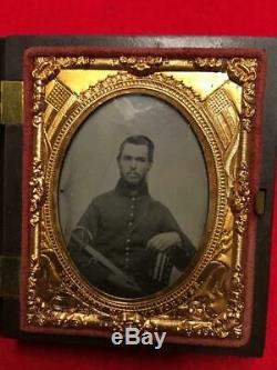 Civil War Union Soldier Sitting with Sword Tintype Photo