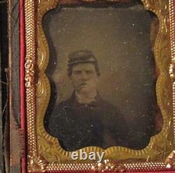 Civil War Union Soldier with Corps Hat Insignia tintype Gutta Percha case