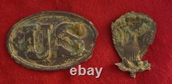 Civil War Union US Cartridge Boxplate And Hardee Hat Badge- Dug Malvern Hill, VA
