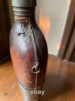 Civil War period leather pewter glass hanging flask canteen marked AB