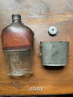Civil War period leather pewter glass hanging flask canteen marked AB