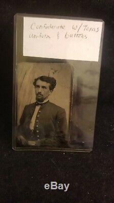 Civil War tin type of Tx Confederate Soldier Bowie Knife Texas Star Buttons 24