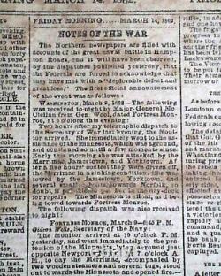 Confederate Monitor vs Merrimack Hampton Roads Virginia 1862 Civil War Newspaper