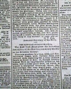 Confederate Monitor vs Merrimack Hampton Roads Virginia 1862 Civil War Newspaper