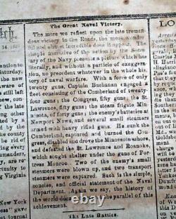 Confederate Monitor vs Merrimack Hampton Roads Virginia 1862 Civil War Newspaper