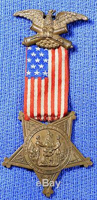 Grand Army of the Republic GAR Civil War Hanging Medal Pin, Silk Flag, Numbered
