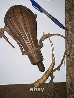 Historic 19th Century Ornate Civil War Era Gunpowder Flask With Initialed Antler