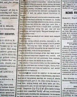 Historic BATTLE OF GETTYSBURG George Meade vs. R. E. Lee 1863 Civil War Newspaper