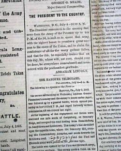 Historic BATTLE OF GETTYSBURG George Meade vs. R. E. Lee 1863 Civil War Newspaper