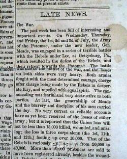 Historic BATTLE OF GETTYSBURG Union Victory vs R. E. Lee 1863 Civil War Newspaper