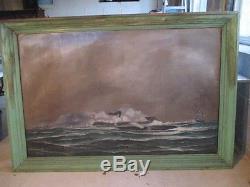 Large Antique Oil Painting IRONSIDES Merrimack and Monitor NAVAL Civil War