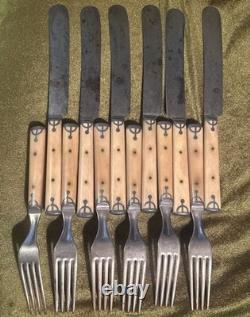 Lot Of 12 Antique Civil War American Cutlery Co Bone Handle Pewter Inlay Cutlery