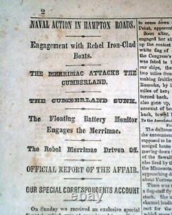 Monitor vs. Merrimac Battle of Hampton Roads Civil War IRONCLADS 1862 Newspaper