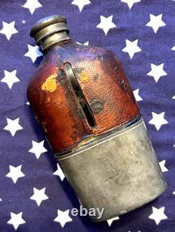 Nice CIVIL War Period Officer Drinking Flask Glass Wrapped Leather And Pewter