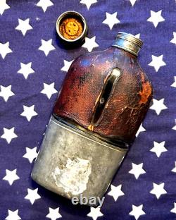 Nice CIVIL War Period Officer Drinking Flask Glass Wrapped Leather And Pewter