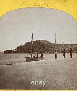 ORIGINAL CIVIL WAR FORT SUMTER RUINS with REB FLAG FLYING STEREO VIEW PHOTO 1864
