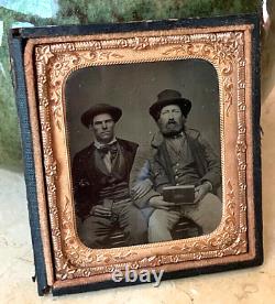 ORIGINAL MIDWEST COWBOYS of CIVIL WAR ERA CASED TINTYPE 1/6 PLATE DATED 1864