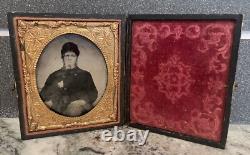 Original 1/6 Sixth Plate Tintype Civil War Soldier WithHat Antique Tintype