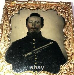Original 6th Plate Size Civil War Soldier Holding a 1860 Colt Pistol 3 Day List