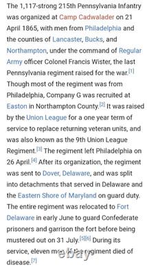 Original Civil War 1865 Union 215th Regiment Pennsylvania Volunteers Discharge Original Civil War 1865 Union 215th Regiment Pennsylvania Volunteers Discharge