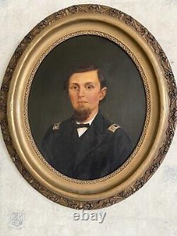 Pair Civil War Oil Portraits Union Captain & Wife ID'D Original Oval Gilt Frames
