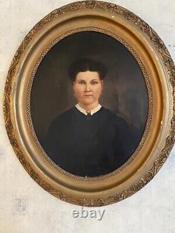 Pair Civil War Oil Portraits Union Captain & Wife ID'D Original Oval Gilt Frames