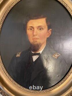 Pair Civil War Oil Portraits Union Captain & Wife ID'D Original Oval Gilt Frames