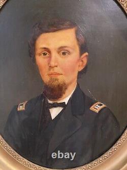 Pair Civil War Oil Portraits Union Captain & Wife ID'D Original Oval Gilt Frames