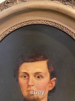 Pair Civil War Oil Portraits Union Captain & Wife ID'D Original Oval Gilt Frames