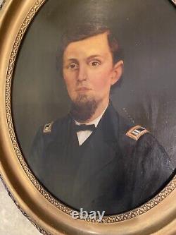 Pair Civil War Oil Portraits Union Captain & Wife ID'D Original Oval Gilt Frames