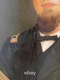 Pair Civil War Oil Portraits Union Captain & Wife ID'D Original Oval Gilt Frames