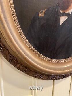 Pair Civil War Oil Portraits Union Captain & Wife ID'D Original Oval Gilt Frames