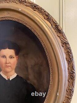 Pair Civil War Oil Portraits Union Captain & Wife ID'D Original Oval Gilt Frames