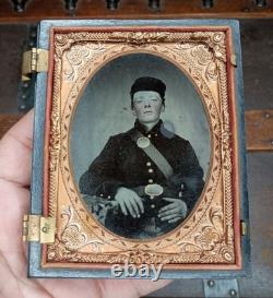 Quarter Plate Tinted Tintype Civil War Young Freckled Face Soldier Half Case Quarter Plate Tinted Tintype Civil War Young Freckled Face Soldier Half Case