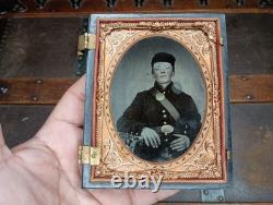Quarter Plate Tinted Tintype Civil War Young Freckled Face Soldier Half Case