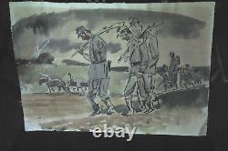 RARE ANTIQUE CIVIL WAR UNION SOLDIERS origin watercolor by J. B. Watrous