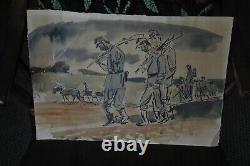 RARE ANTIQUE CIVIL WAR UNION SOLDIERS origin watercolor by J. B. Watrous