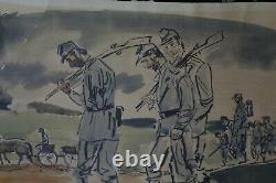 RARE ANTIQUE CIVIL WAR UNION SOLDIERS origin watercolor by J. B. Watrous