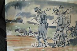 RARE ANTIQUE CIVIL WAR UNION SOLDIERS origin watercolor by J. B. Watrous