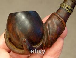 RARE! Antique CIVIL WAR era OFFICER Carved Hand BURL & GUTTA PERCHA Smoking Pipe